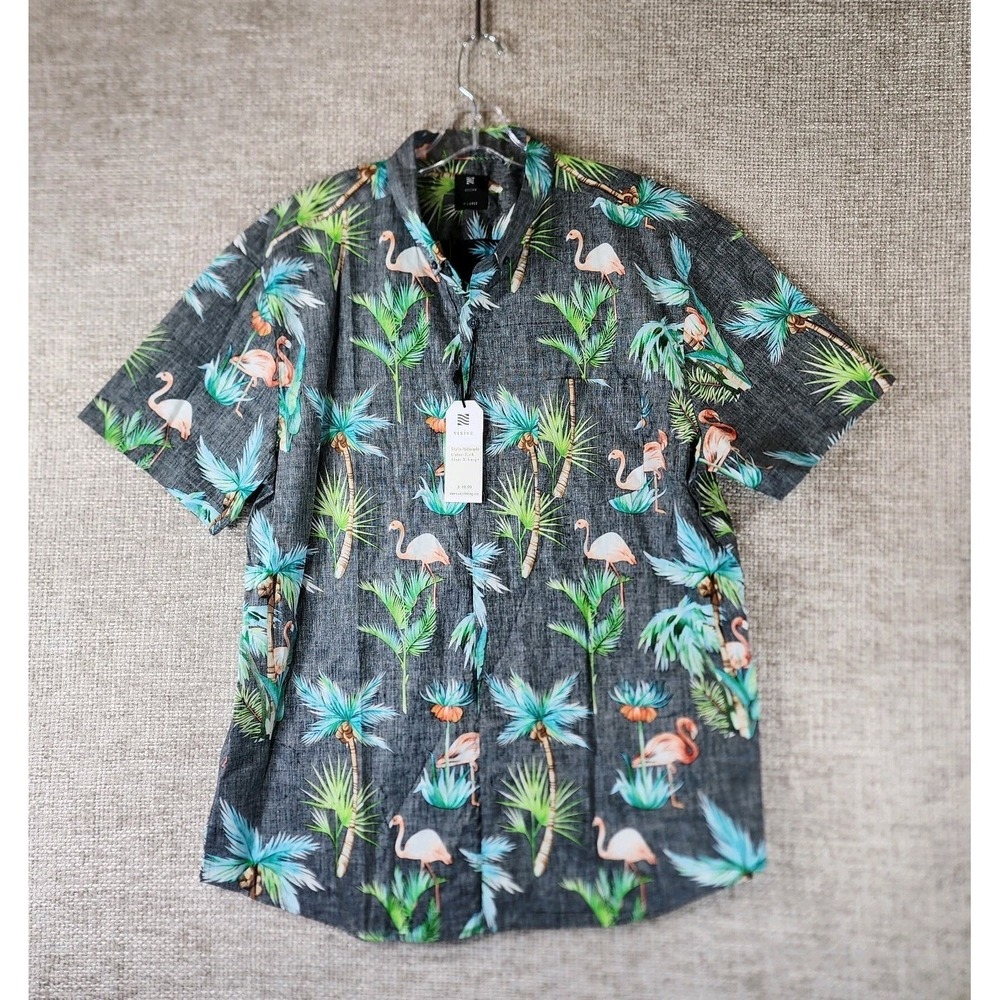 Visive Hawaiian Shirt Flamingos Mens XL Reverse Weave Black Button NWT‎